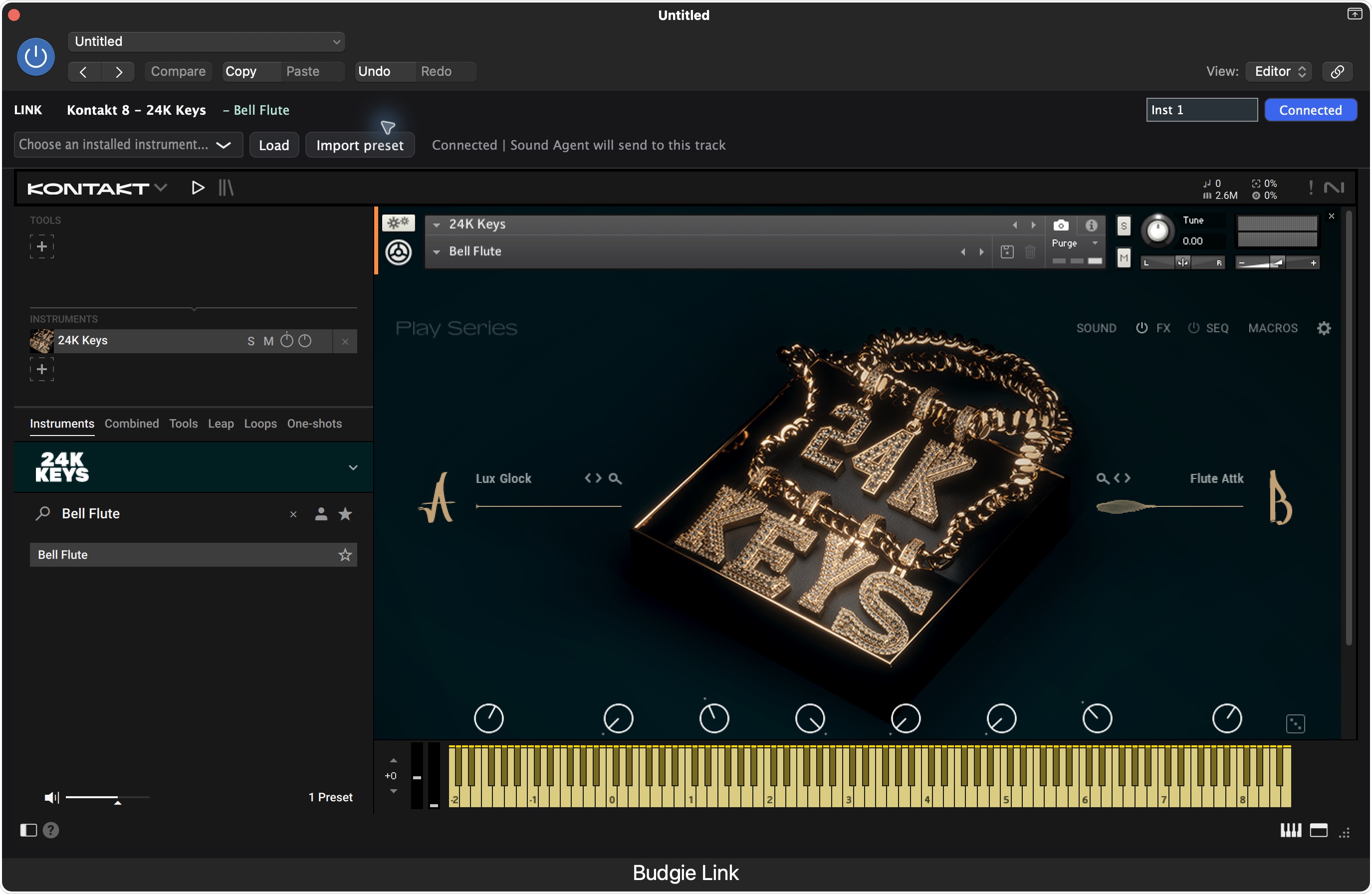 Logic tracks behind a loaded Budgie Instrument Link: Kontakt 8, 24K Keys and Bell Flute. Third-party instruments shown here are not included.