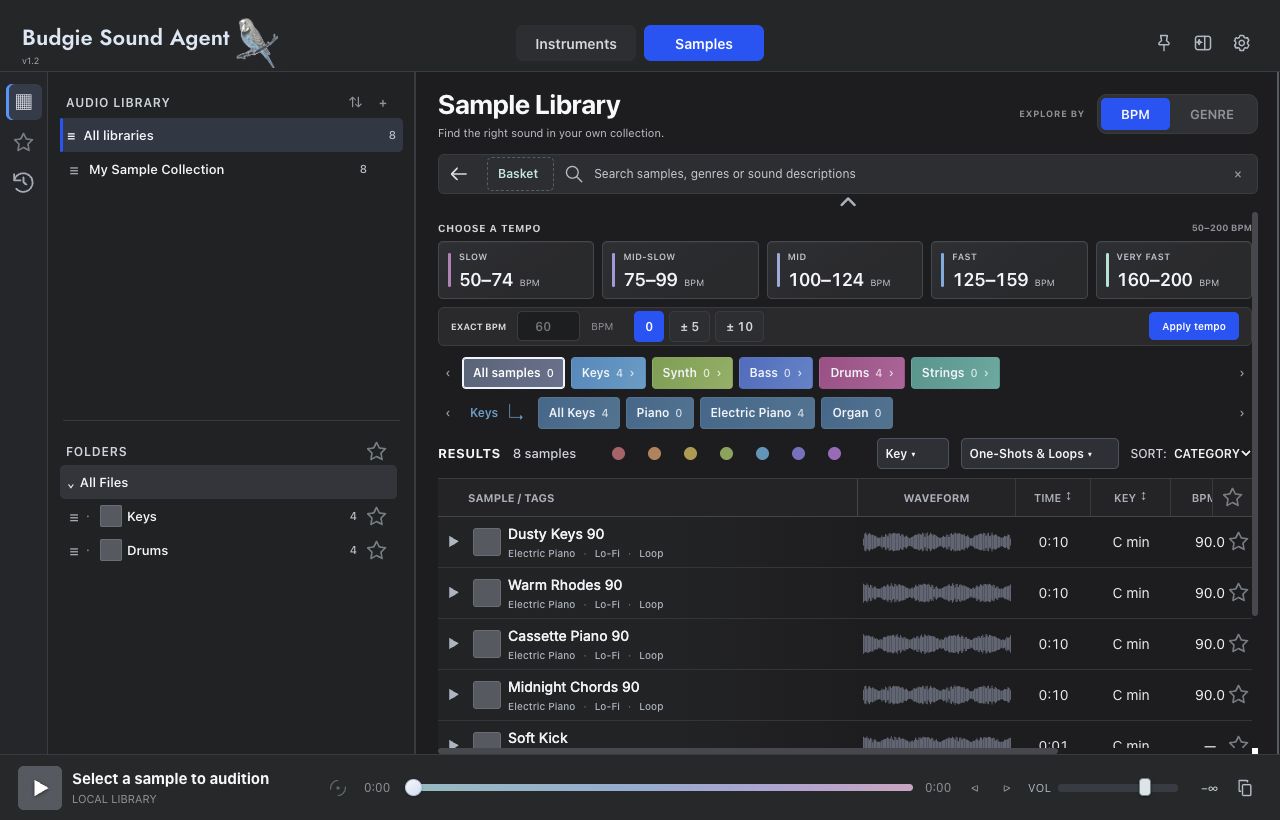 Sample workspace: folders, tempo, instrument categories, result attributes and audition strip.
